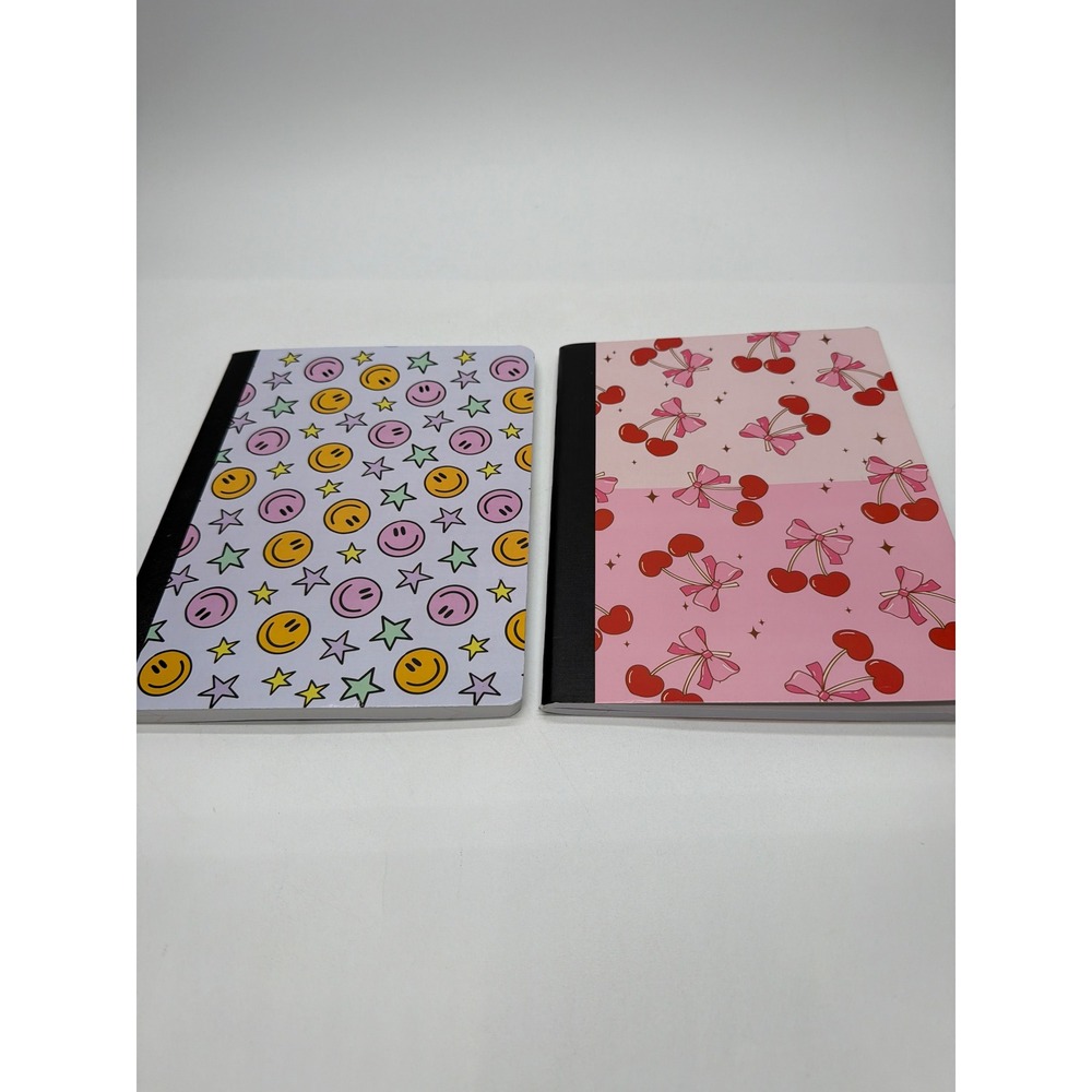 CrownJewlz Composition Book 2 Pack Wide Ruled 100 Sheets Cherry Smiley Face Pink